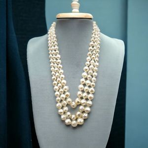 Hong Kong Pearl Necklace Vintage Faux Multi Strand Graduated Ivory Octagon Bead